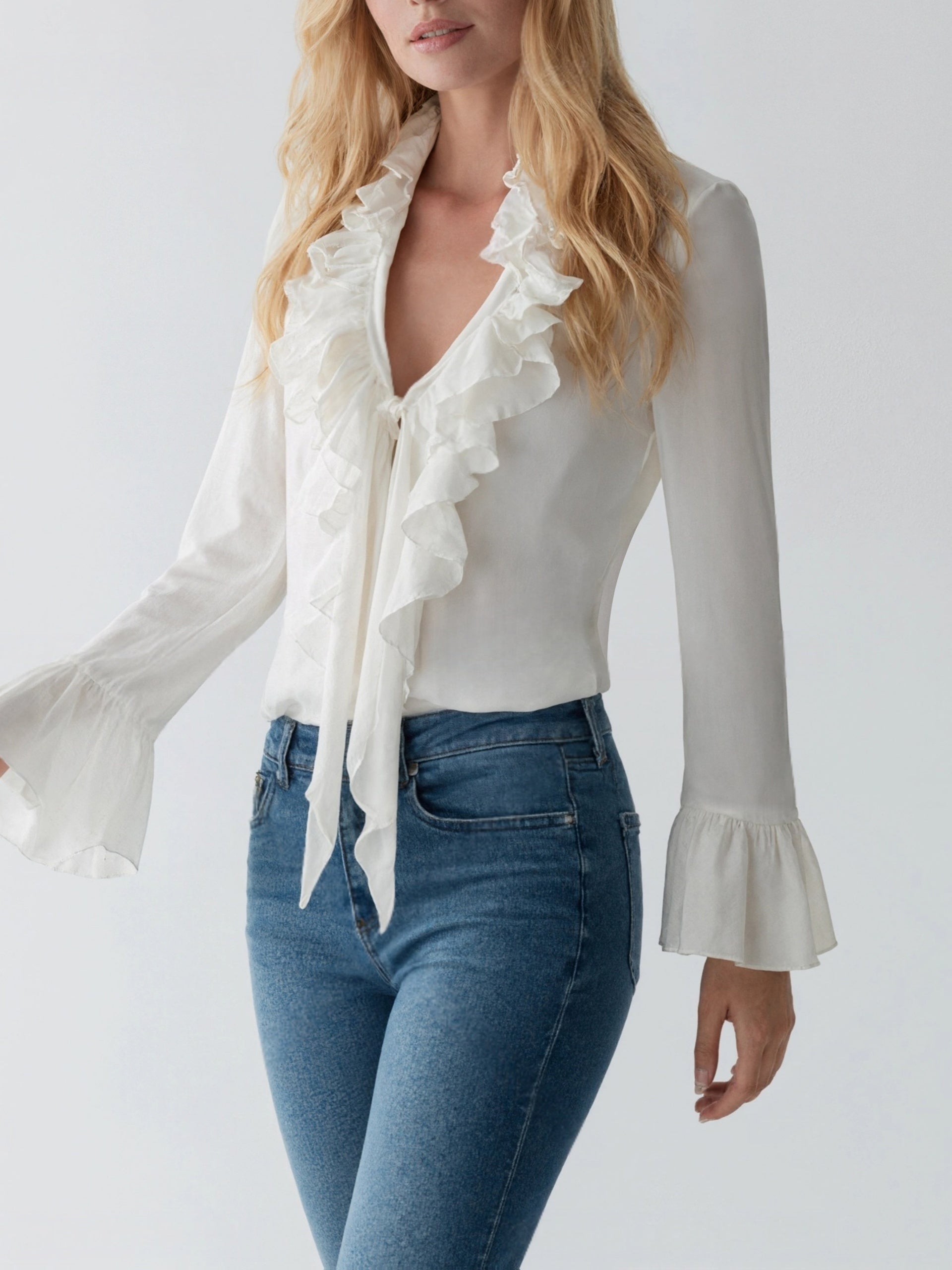 Women’s Elegant V-Neck Ruffle Blouse – Semi-Sheer Spring/Fall Top
