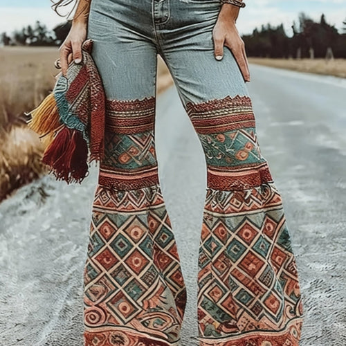 Women’s Boho Printed Flare Pants – Long Knit Trousers with Pockets