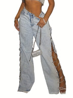 Women’s Street Straight-Leg Jeans – Chain Detail All-Season Denim