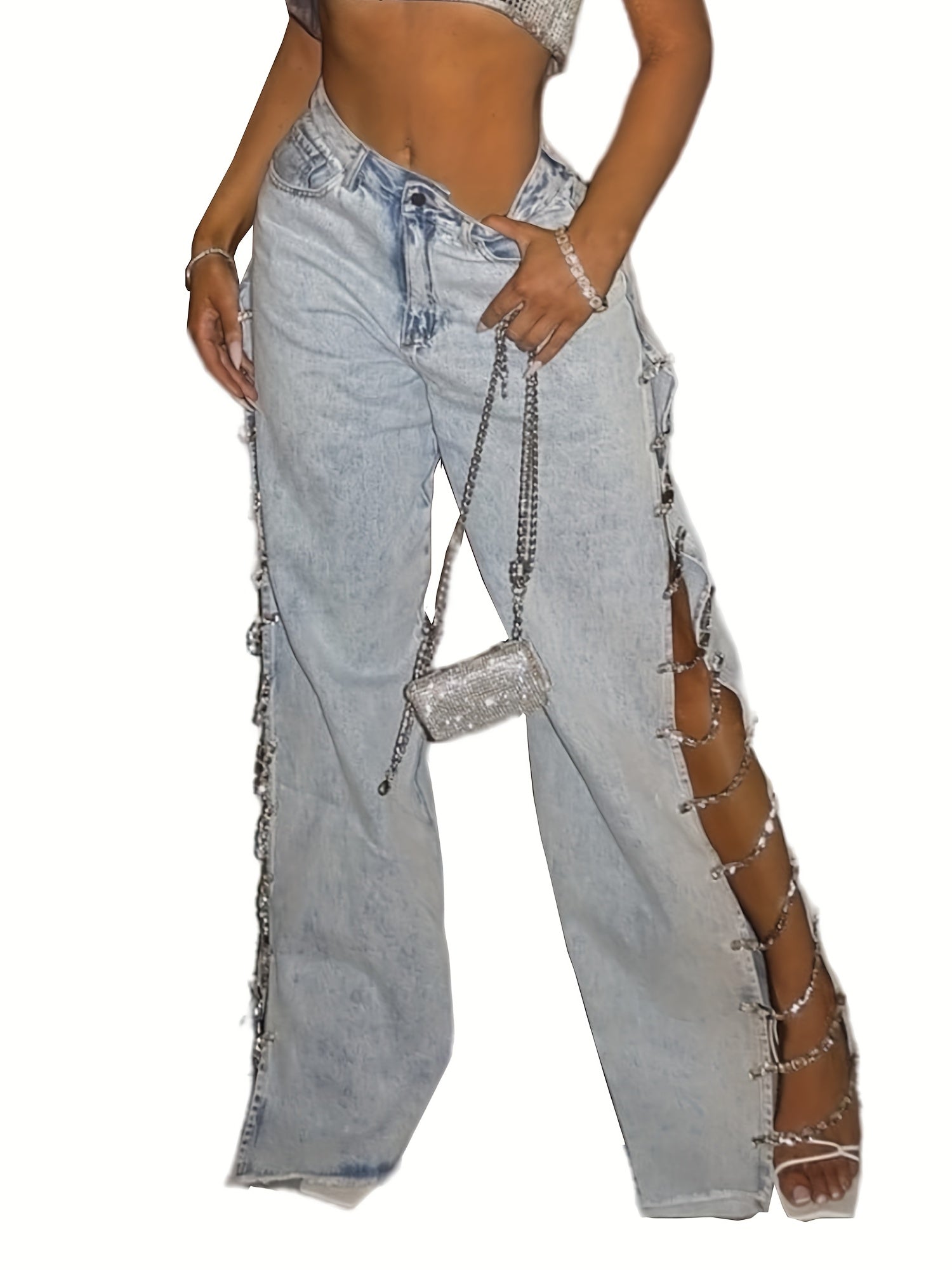 Women’s Street Straight-Leg Jeans – Chain Detail All-Season Denim