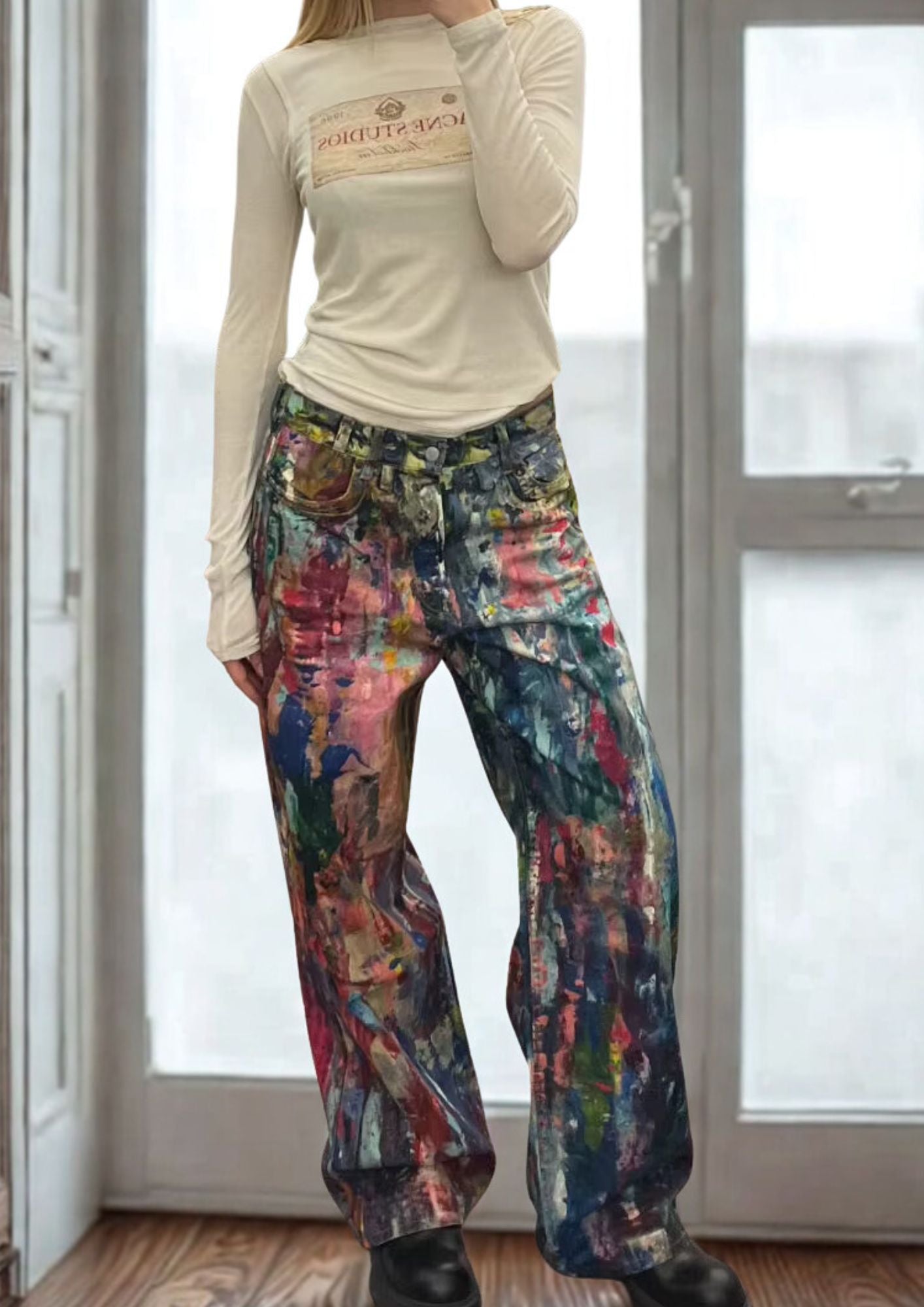 Hand-Painted Wide-Leg Jeans