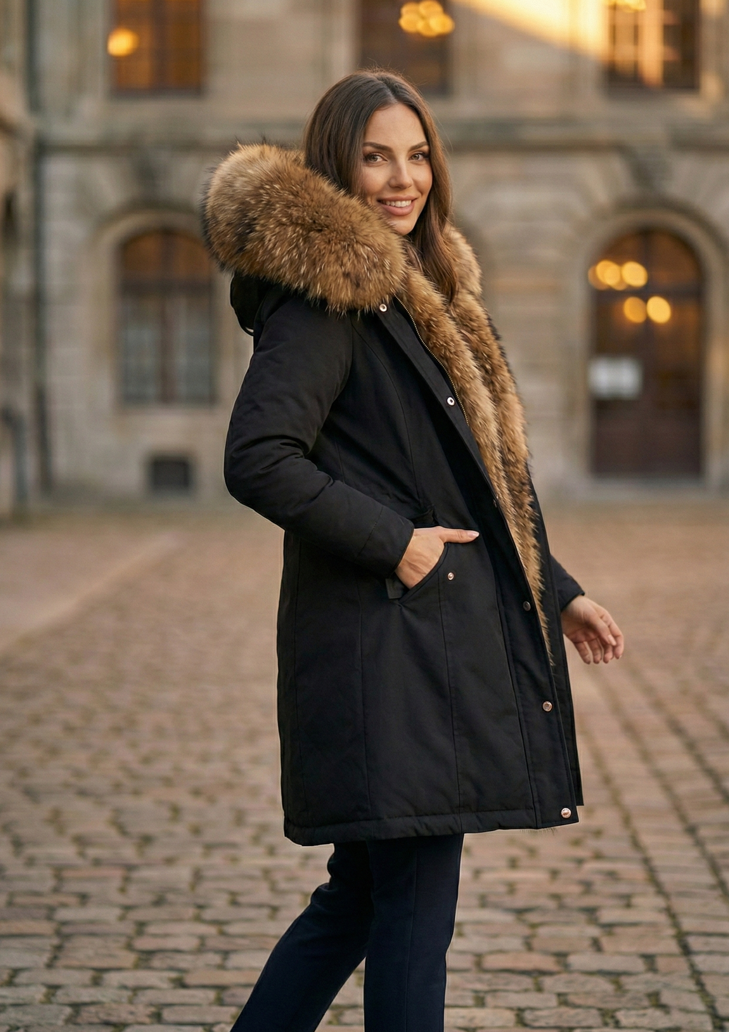 Women’s Hooded Winter Coat with Adjustable Waist – Wool Lined