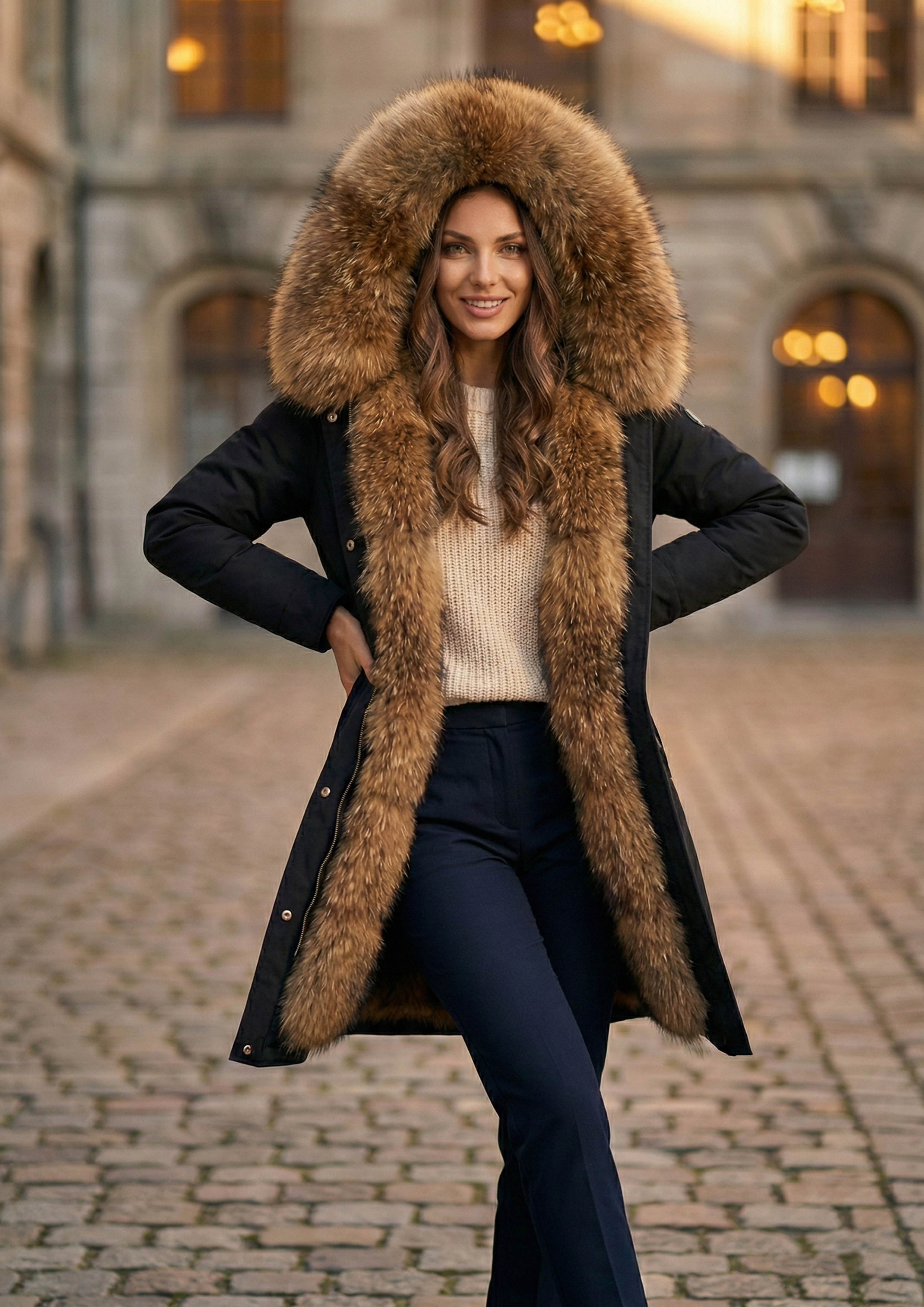 Women’s Hooded Winter Coat with Adjustable Waist – Wool Lined