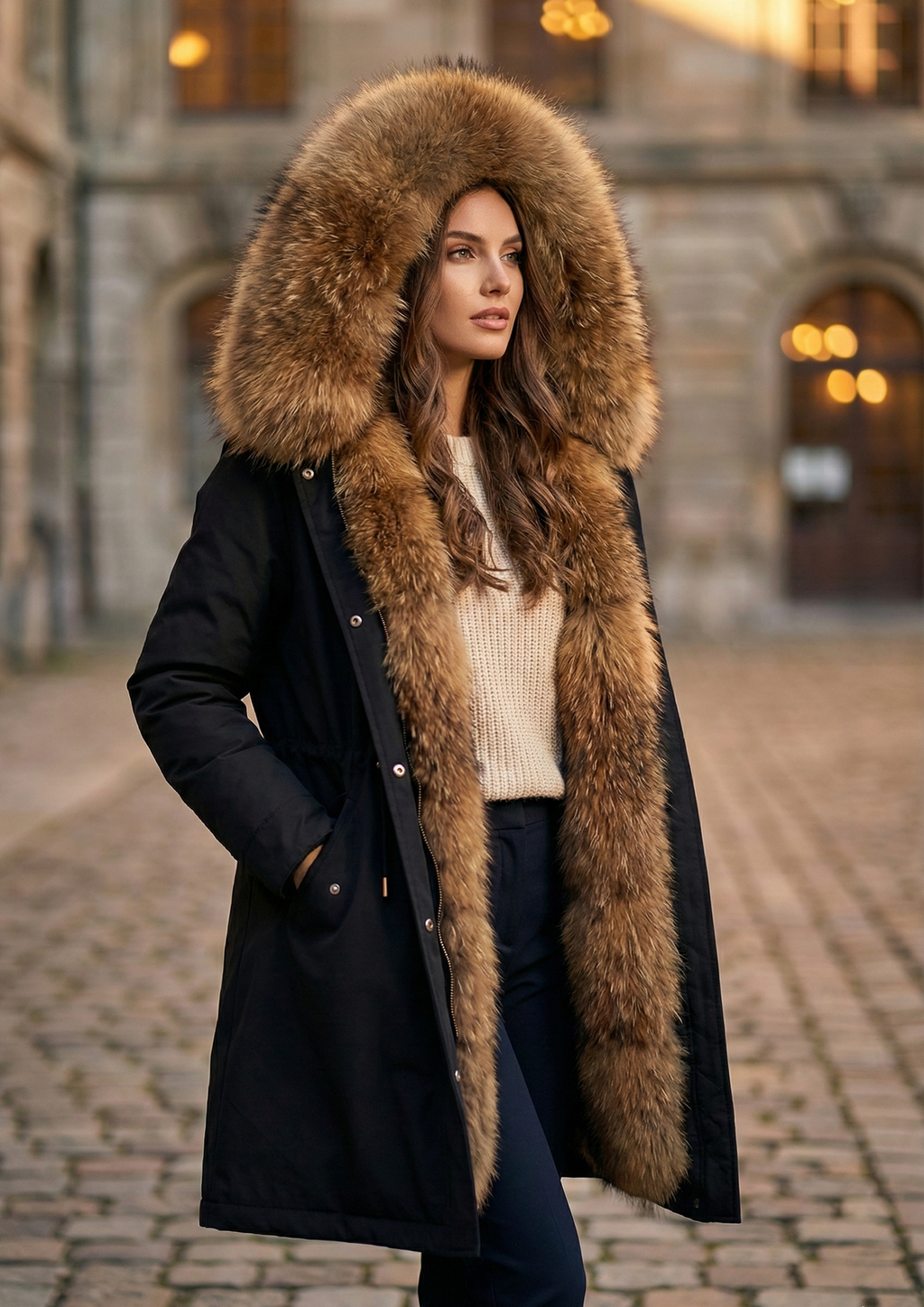 Women’s Hooded Winter Coat with Adjustable Waist – Wool Lined