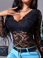 Women’s Semi-Sheer V-Neck Knit Top – Slim Fit Long Sleeve Spring/Fall Essential