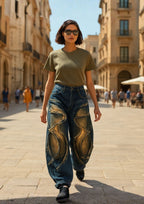 Women’s Y2K High-Street Cargo Jeans – Embroidered Loose-Fit Plaid Pants