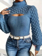Women’s High-Neck Ribbed Knit Top – Lantern Sleeve Cropped Sweater