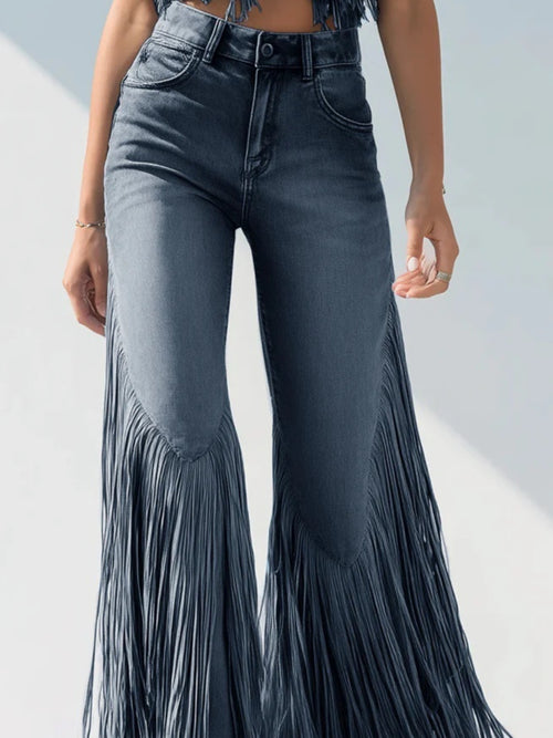 Women’s Boho Flare Jeans with Tassel Detail – Vintage-Inspired Denim Pants