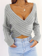 Women’s Sexy V-Neck Knit Sweater – Cross-Front Winter Pullover