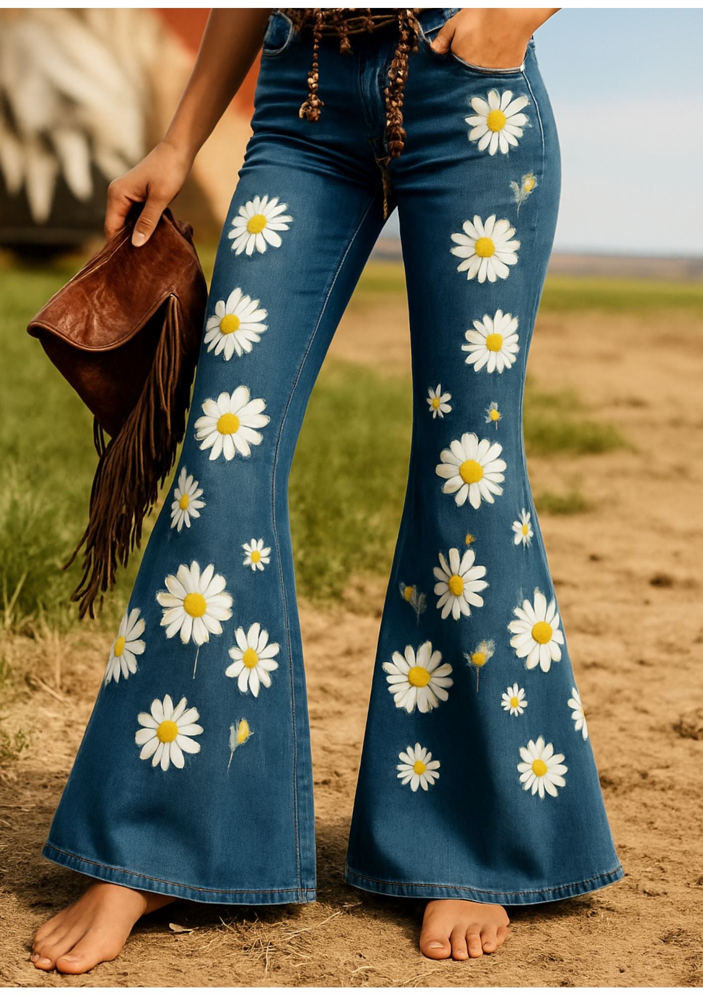 Women’s Boho Floral Flare Pants – Long Knit Trousers with Pockets