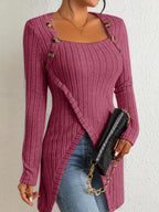 Women’s Elegant Square-Neck Top – Asymmetrical Hem Long Sleeve Blouse