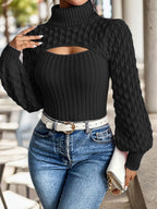 Women’s High-Neck Ribbed Knit Top – Lantern Sleeve Cropped Sweater