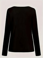 Women’s Elegant V-Neck Long Sleeve Top – High-Stretch Knit with Chain Detail