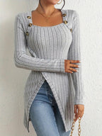 Women’s Elegant Square-Neck Top – Asymmetrical Hem Long Sleeve Blouse