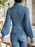 Women’s High-Neck Ribbed Knit Top – Lantern Sleeve Cropped Sweater