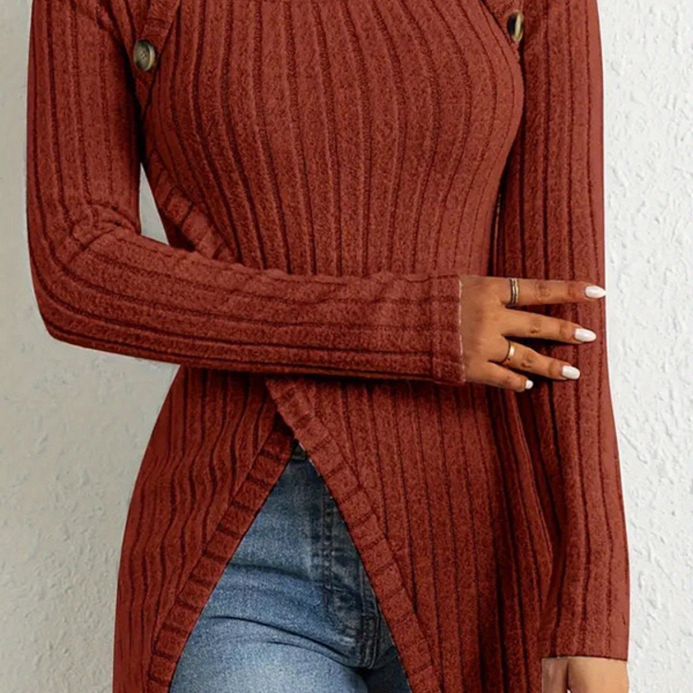 Women’s Elegant Square-Neck Top – Asymmetrical Hem Long Sleeve Blouse