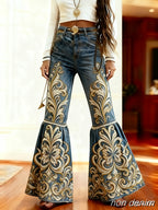 Women’s Boho Printed Flare Pants – High-Waist Knit All-Season Trousers