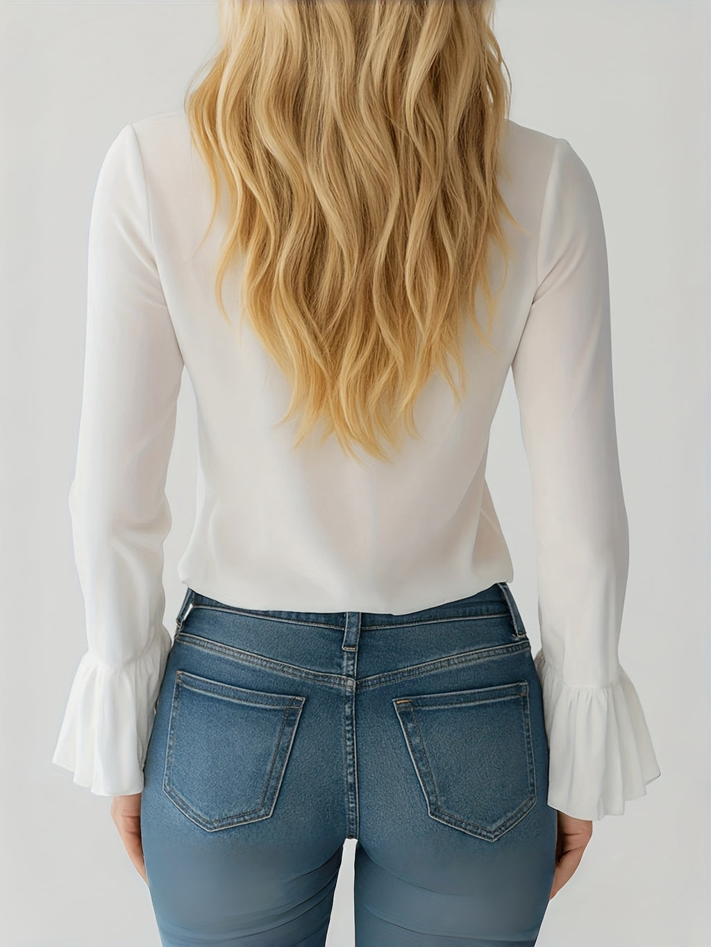 Women’s Elegant V-Neck Ruffle Blouse – Semi-Sheer Spring/Fall Top