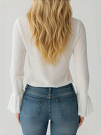 Women’s Elegant V-Neck Ruffle Blouse – Semi-Sheer Spring/Fall Top