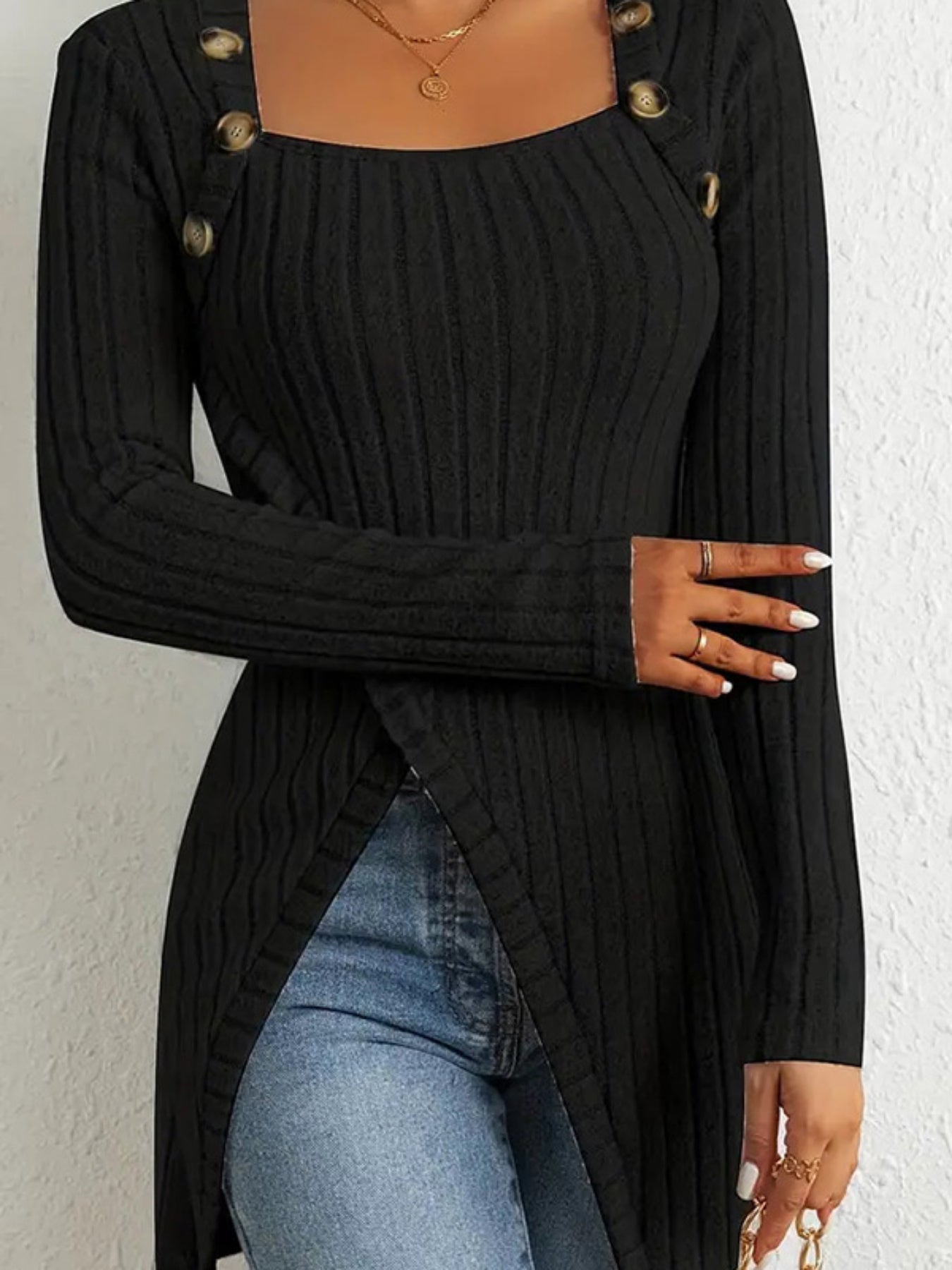 Women’s Elegant Square-Neck Top – Asymmetrical Hem Long Sleeve Blouse