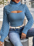 Women’s High-Neck Ribbed Knit Top – Lantern Sleeve Cropped Sweater