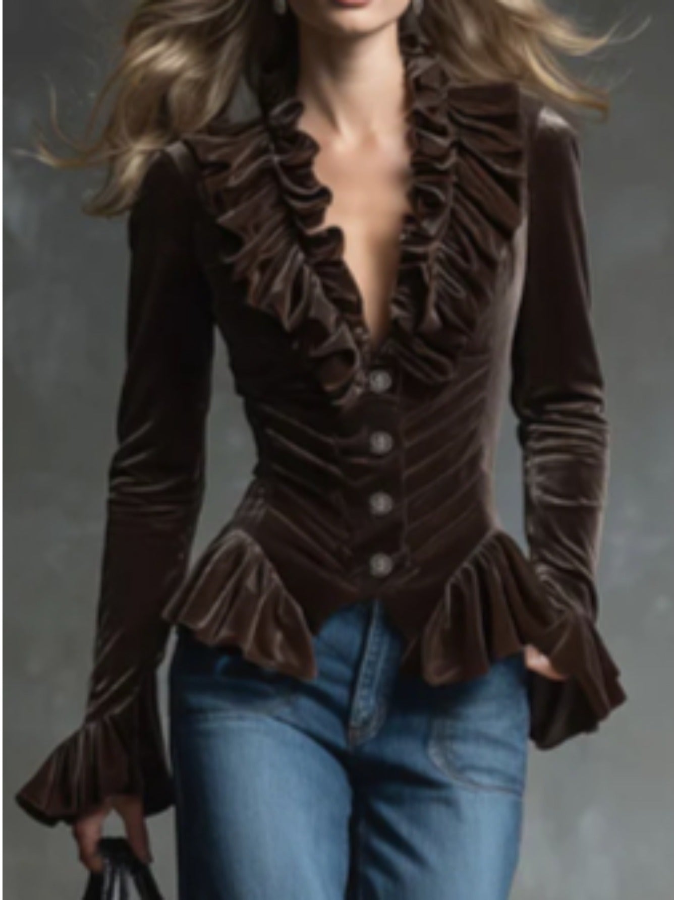 Women’s Chic Deep V-Neck Blouse – Lettuce Trim Fall/Winter Shirt