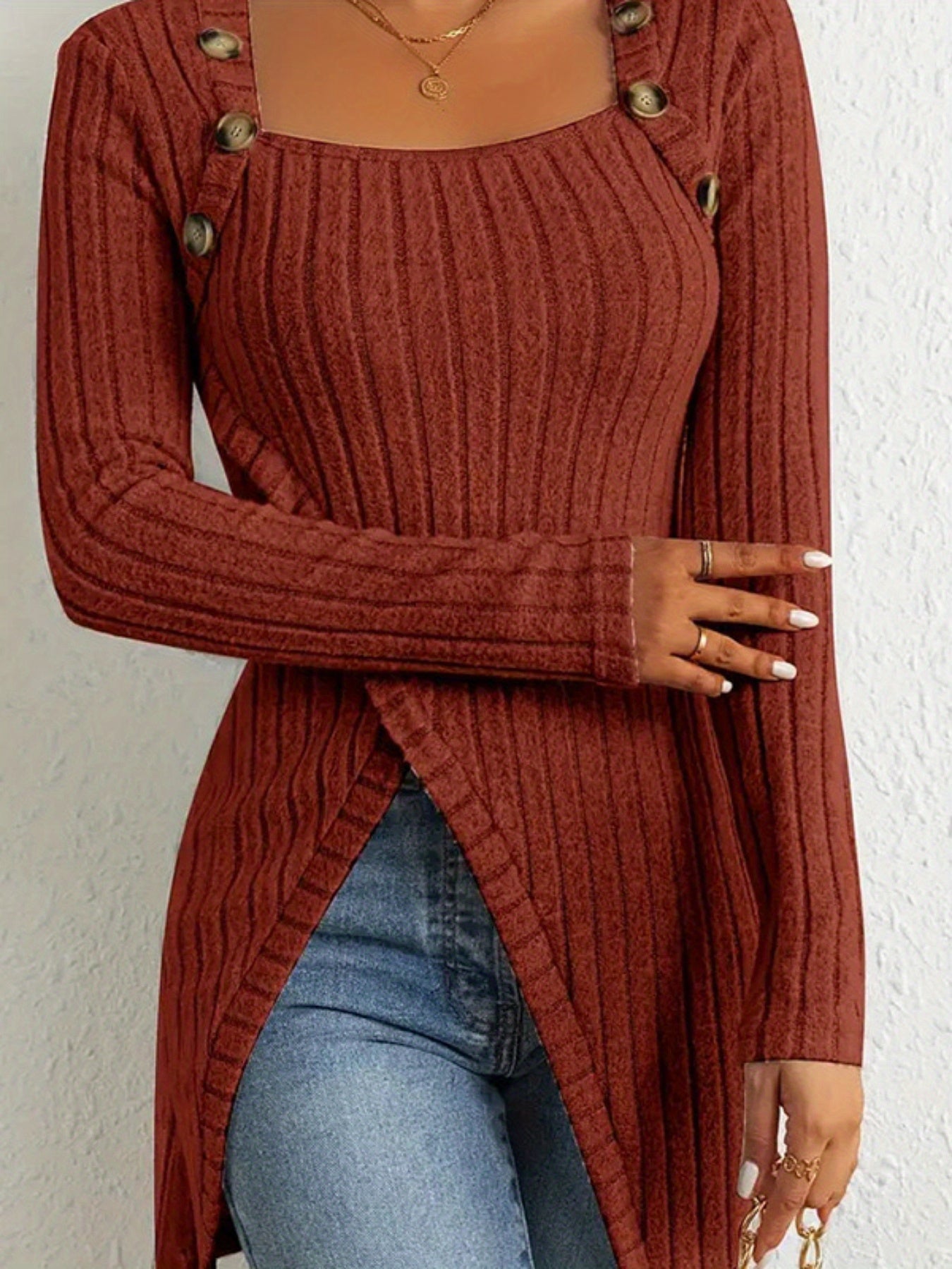 Women’s Elegant Square-Neck Top – Asymmetrical Hem Long Sleeve Blouse