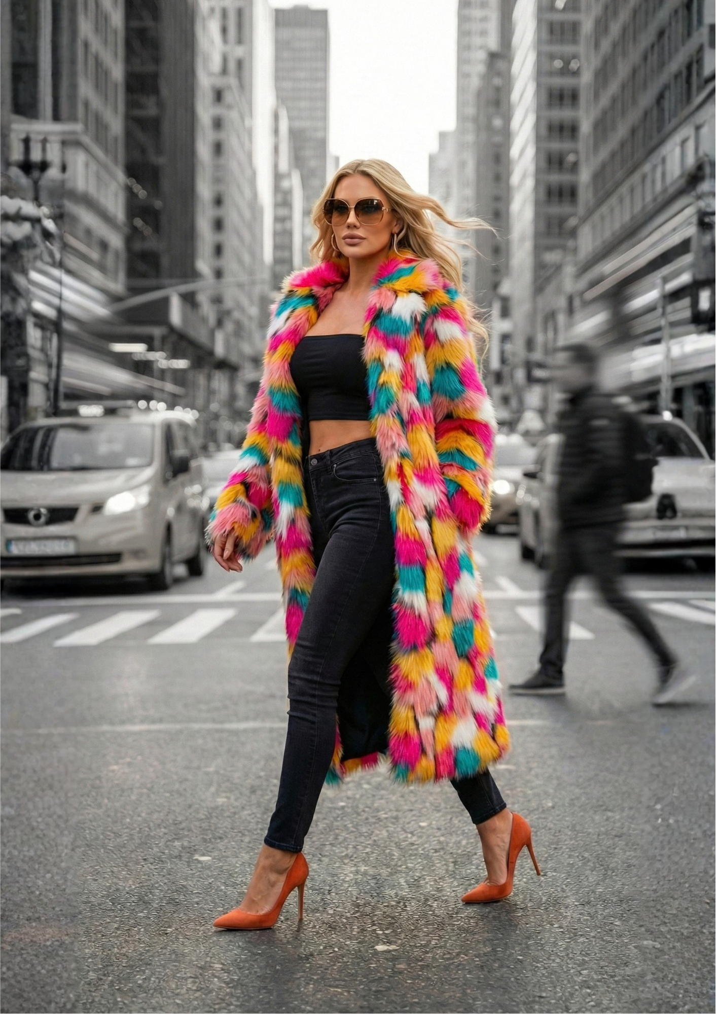 Women’s Long Faux Fur Coat – Wide-Waisted Warm Autumn/Winter Outerwear