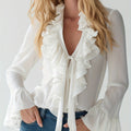 Women’s Elegant V-Neck Ruffle Blouse – Semi-Sheer Spring/Fall Top