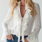 Women’s Elegant V-Neck Ruffle Blouse – Semi-Sheer Spring/Fall Top