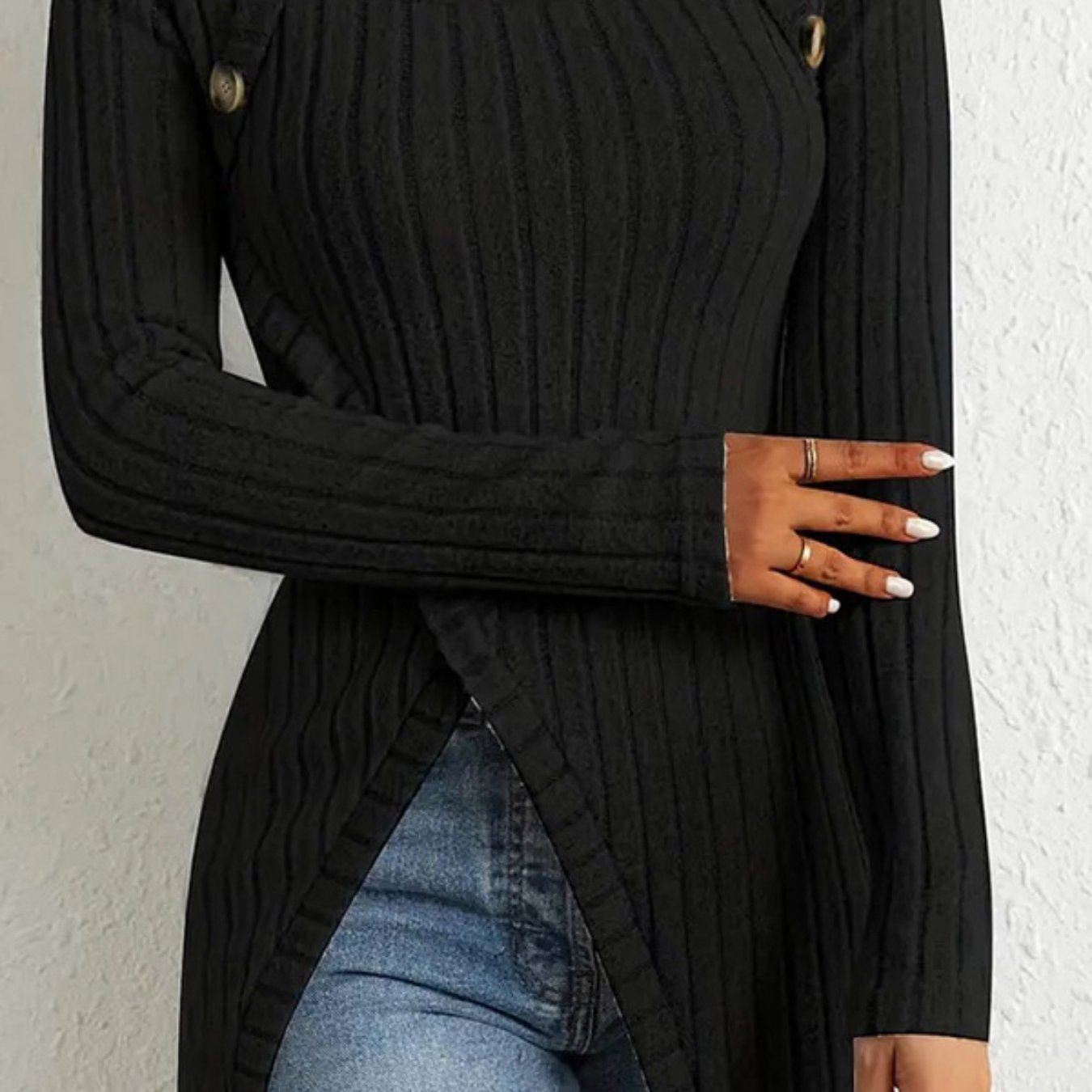 Women’s Elegant Square-Neck Top – Asymmetrical Hem Long Sleeve Blouse