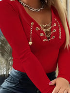 Women’s Elegant V-Neck Long Sleeve Top – High-Stretch Knit with Chain Detail