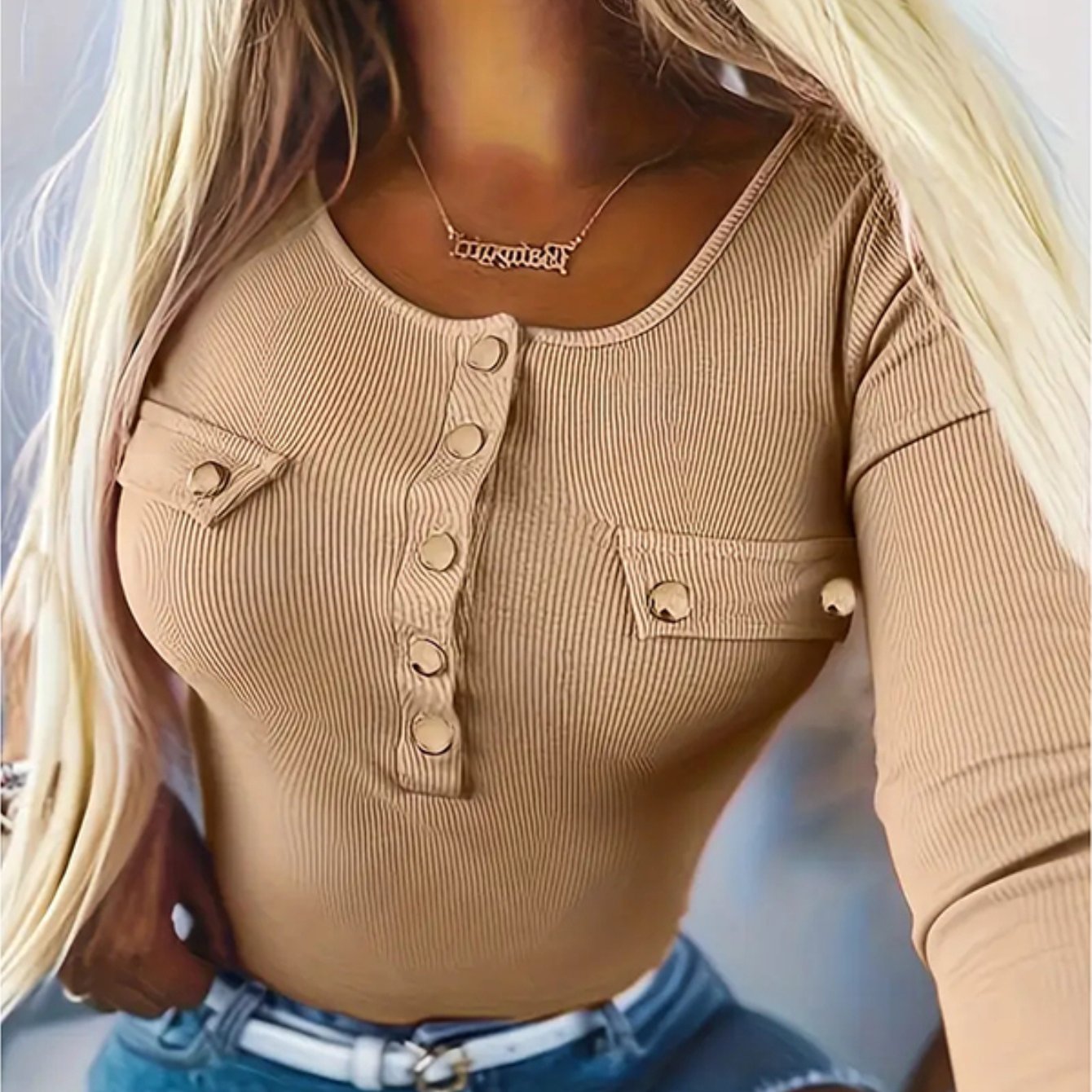 Women’s Elegant Ribbed Knit Tunic Top – Button Detail Long Sleeve Blouse