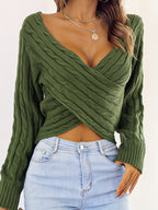 Women’s Sexy V-Neck Knit Sweater – Cross-Front Winter Pullover