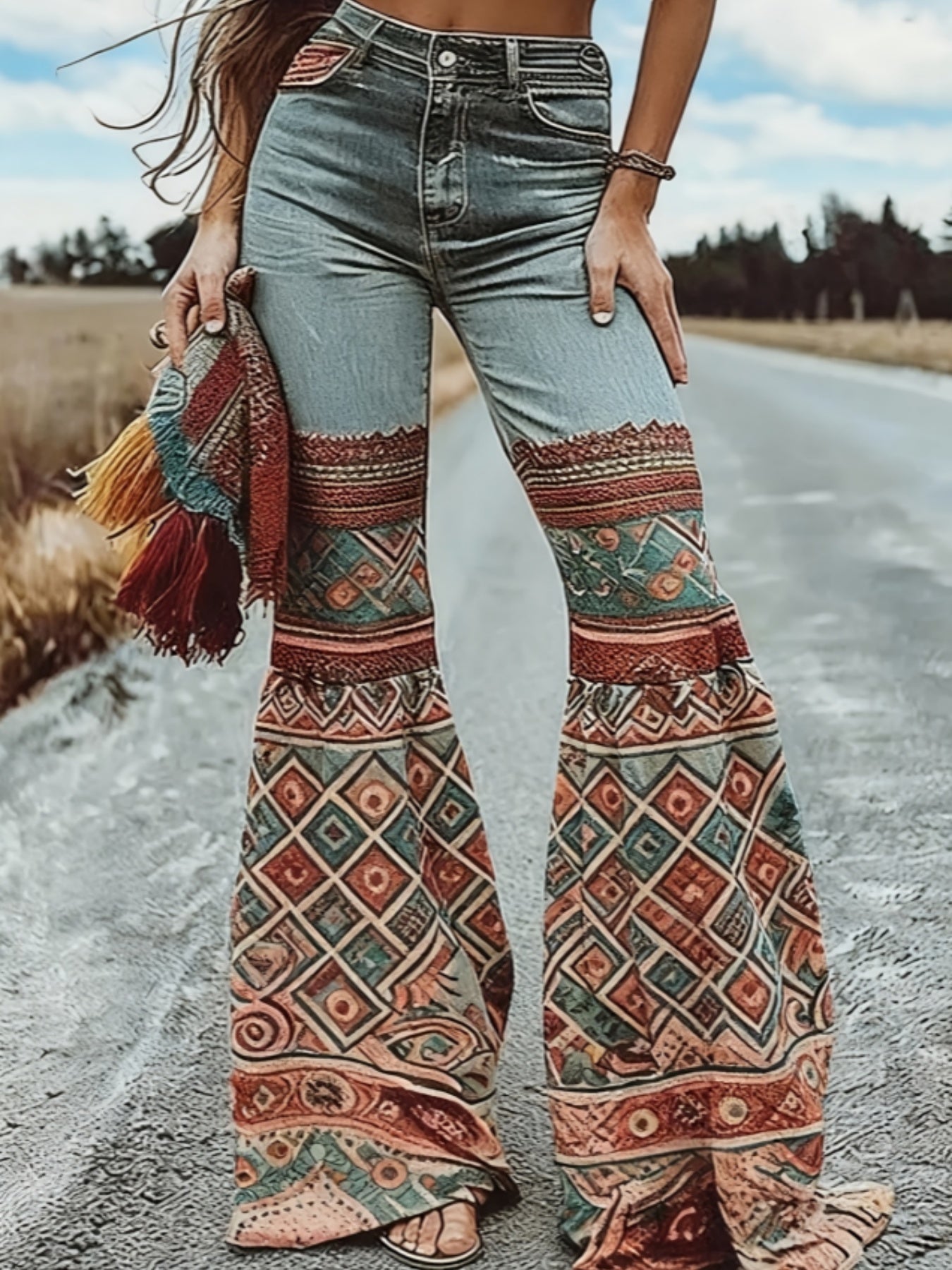 Women’s Boho Printed Flare Pants – Long Knit Trousers with Pockets