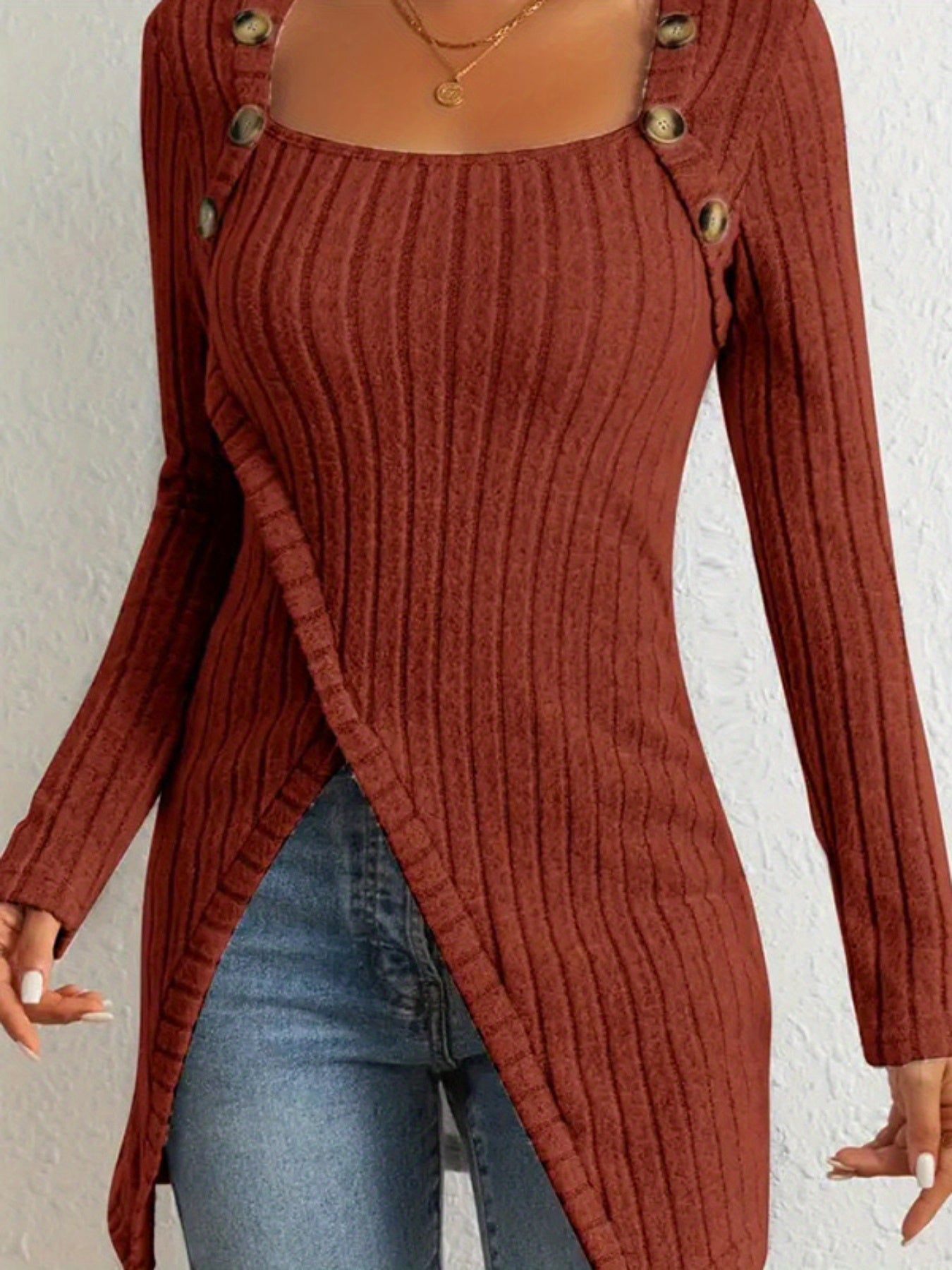 Women’s Elegant Square-Neck Top – Asymmetrical Hem Long Sleeve Blouse