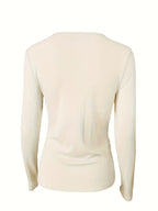 Women’s Elegant V-Neck Long Sleeve Top – High-Stretch Knit with Chain Detail