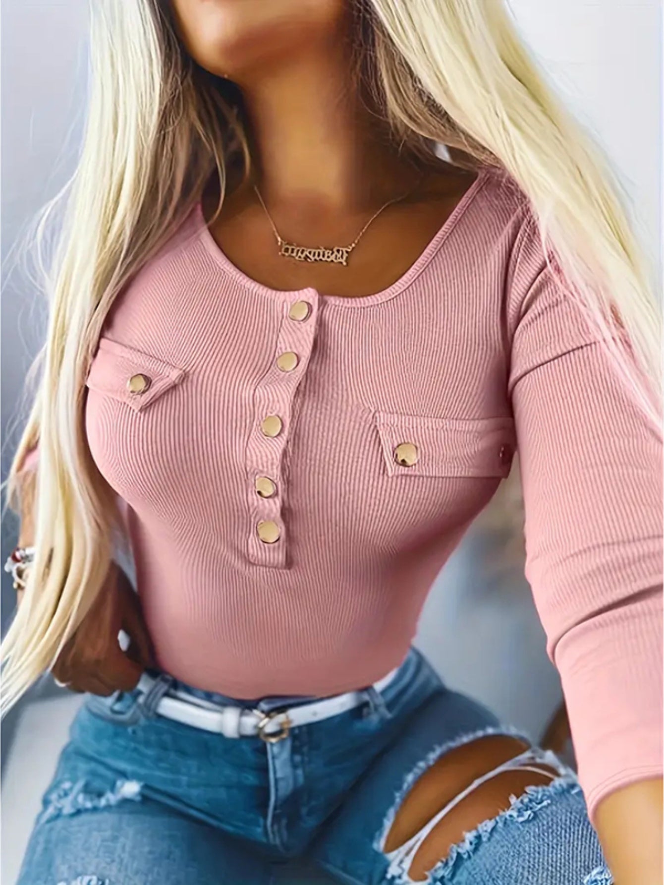 Women’s Elegant Ribbed Knit Tunic Top – Button Detail Long Sleeve Blouse