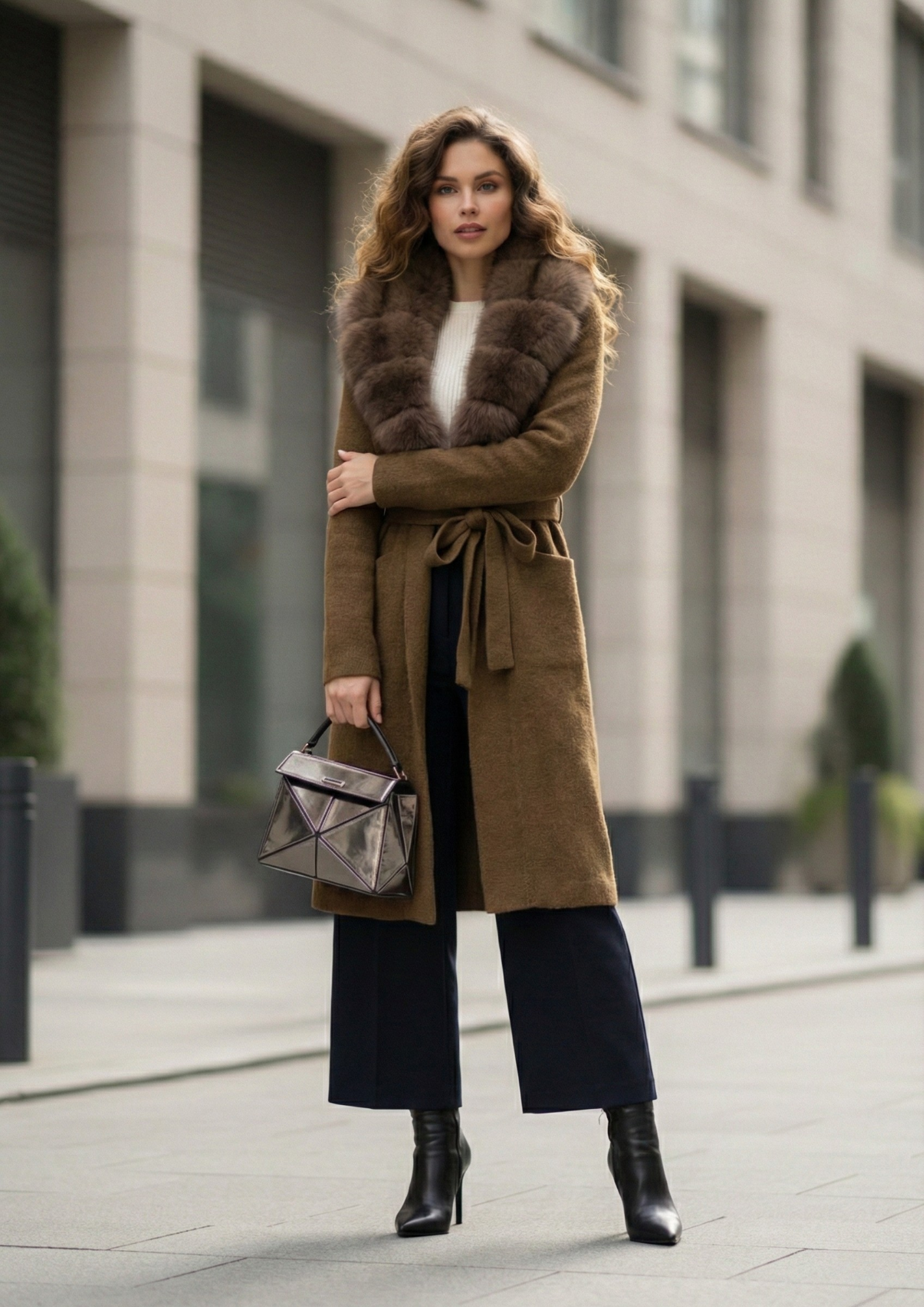 Women’s Long Real Fur Knit Coat – Belted Wide-Waist Luxury Cardigan