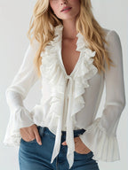 Women’s Elegant V-Neck Ruffle Blouse – Semi-Sheer Spring/Fall Top