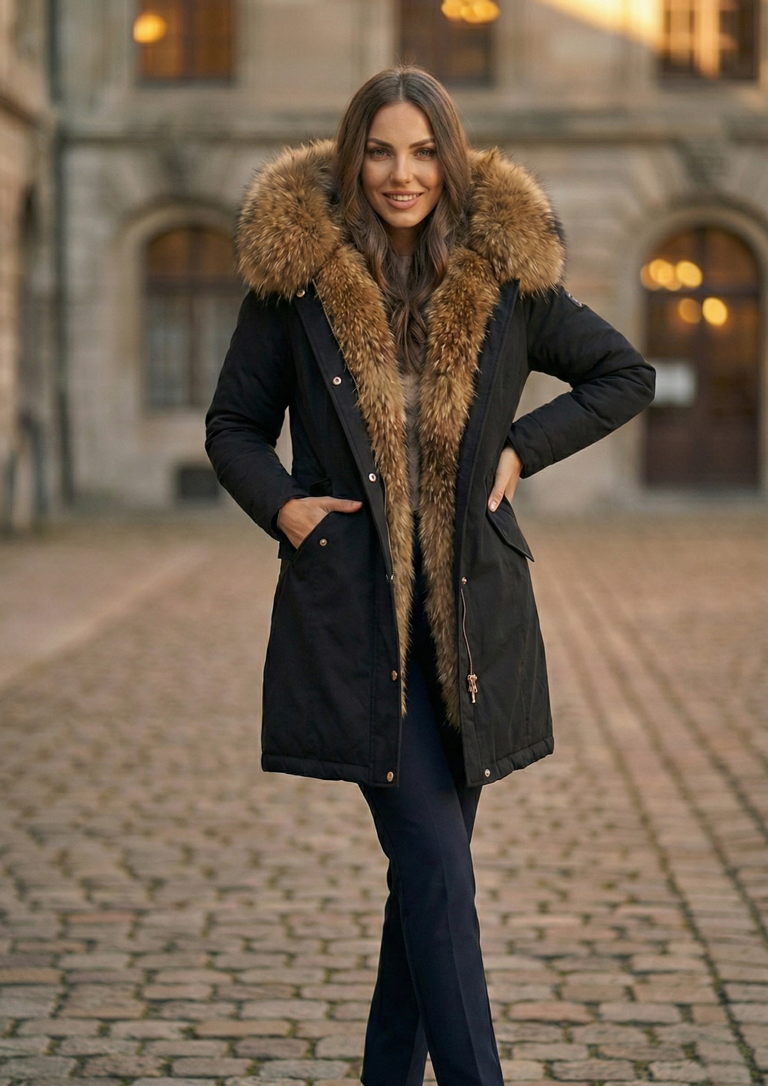 Women’s Hooded Winter Coat with Adjustable Waist – Wool Lined