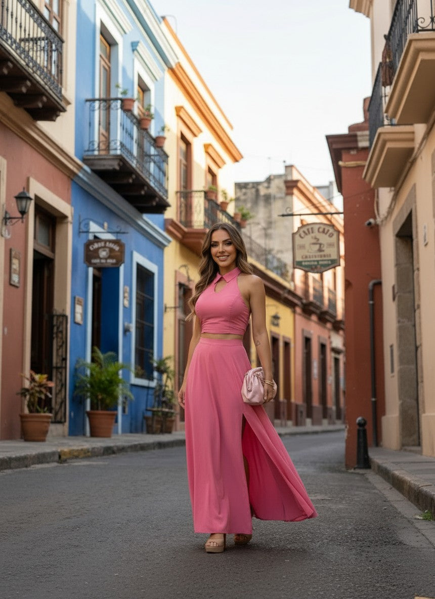 Women's 2-Piece Boho Maxi Skirt Set – Sleeveless Backless Crop Top & Asymmetrical Ankle-Length Skirt