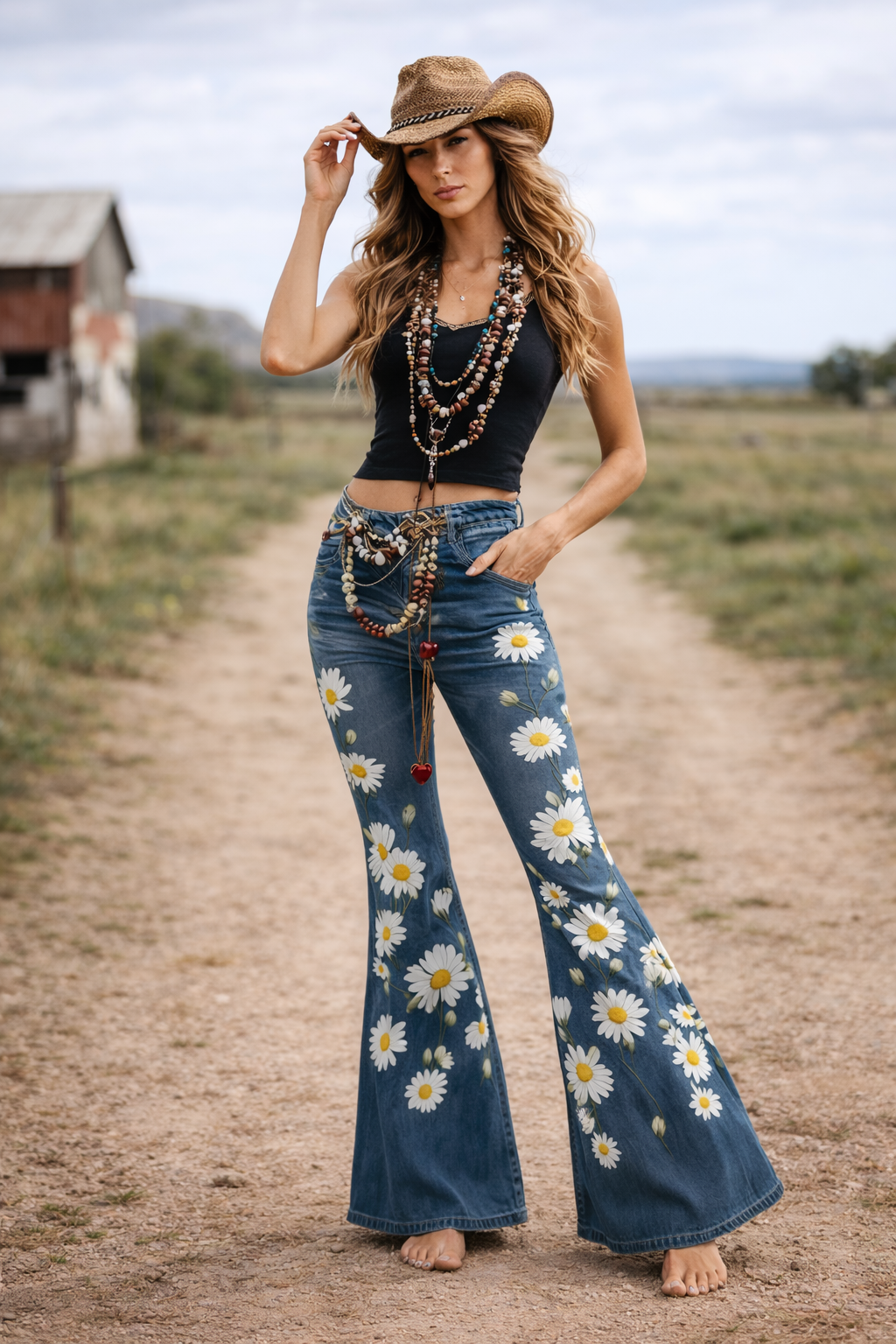 Women’s Boho Floral Flare Pants – Long Knit Trousers with Pockets
