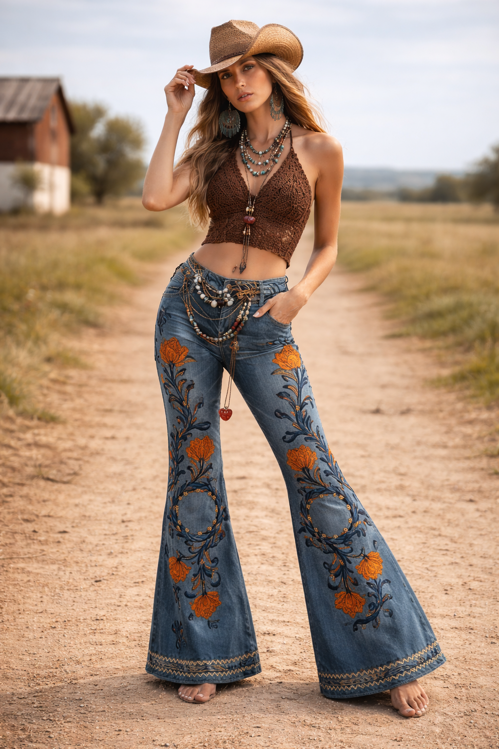 Women’s Boho Floral Flare Pants – Long Knit Trousers with Pockets