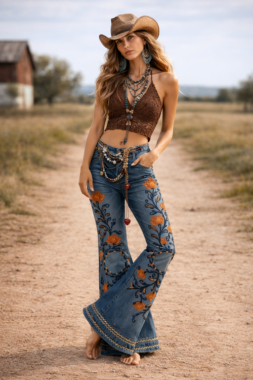 Women’s Boho Floral Flare Pants – Long Knit Trousers with Pockets