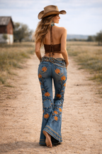 Women’s Boho Floral Flare Pants – Long Knit Trousers with Pockets
