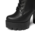 Women’s Platform Motorcycle Ankle Boots – Cross-Tied Square Heel