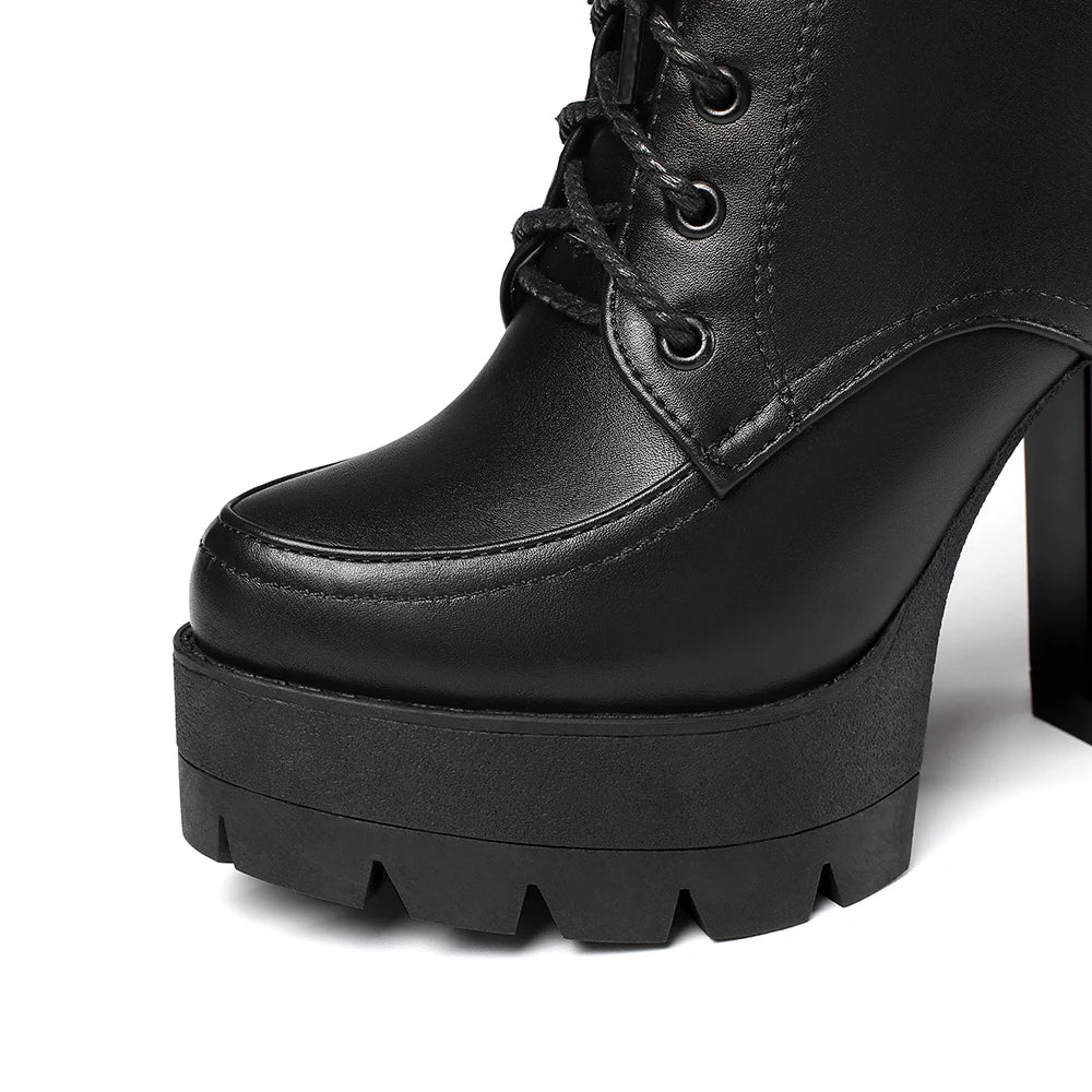 Women’s Platform Motorcycle Ankle Boots – Cross-Tied Square Heel