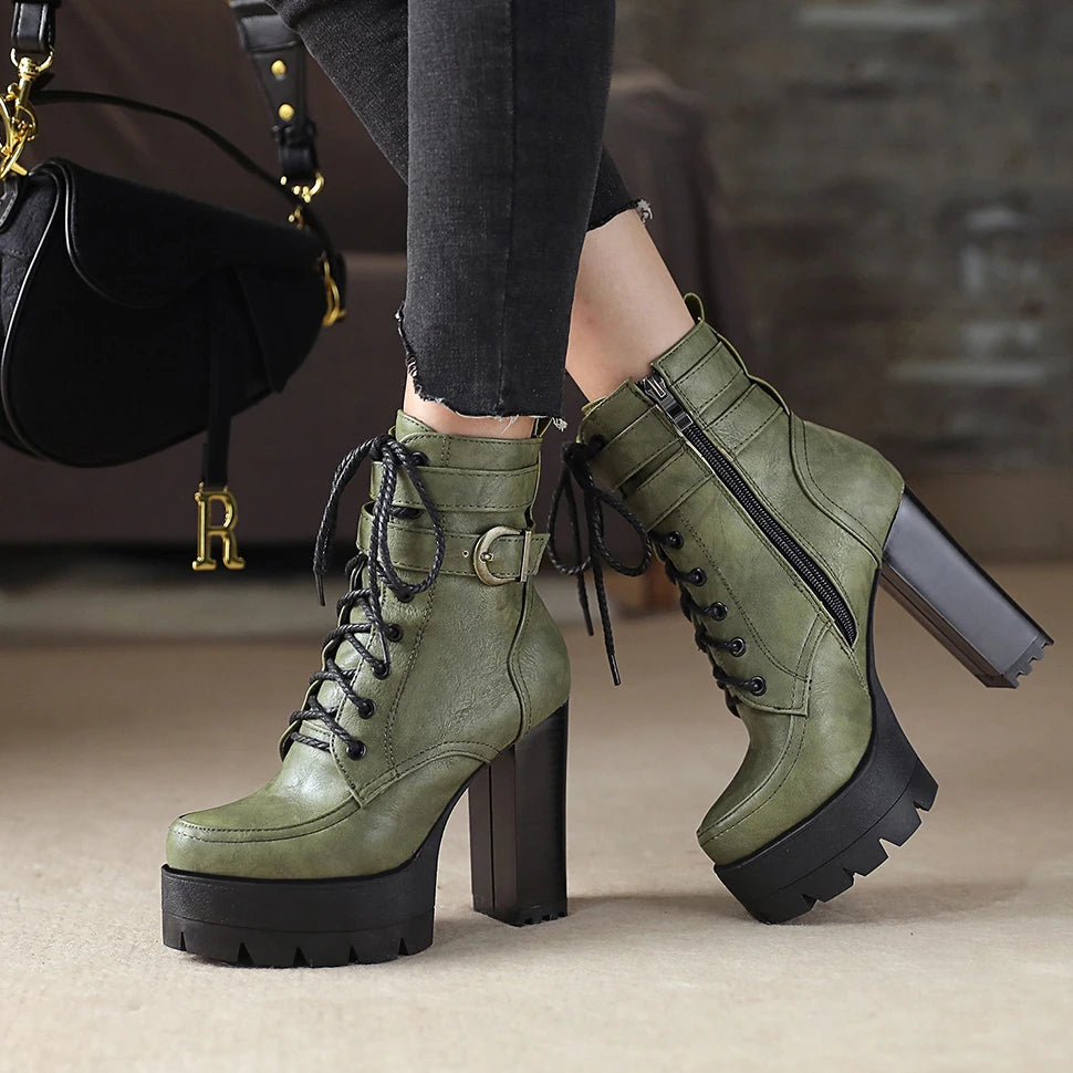 Women’s Platform Motorcycle Ankle Boots – Cross-Tied Square Heel