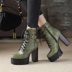 Women’s Platform Motorcycle Ankle Boots – Cross-Tied Square Heel